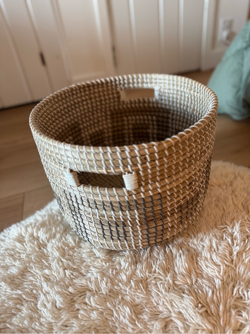 Crate & Barrel Woven Circle Basket with Handles White Gray